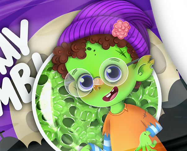 Дизайн упаковки "Gummy Zombi" и персонажи-зомби. — Иллюстрация на Dprofile