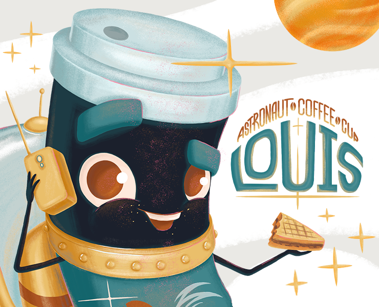 Кофейный стакан-космонавт. Дизайн бренд-персонажа — Брендинг, Иллюстрация на Dprofile